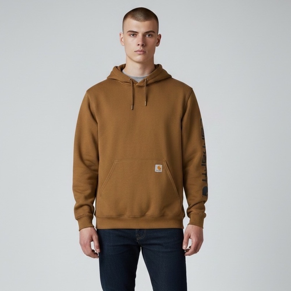 Carhartt Hoodie Mens Medium Brown Excellent K288 Logo Sleeve Pullover Sweatshirt